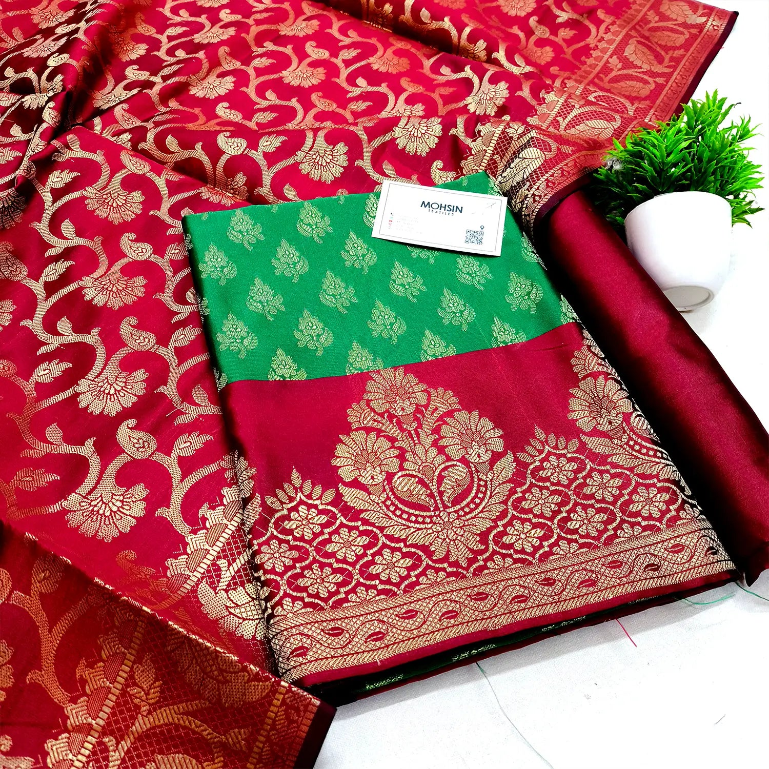 Green and Maroon Contrass Satin Silk Banarasi Suit