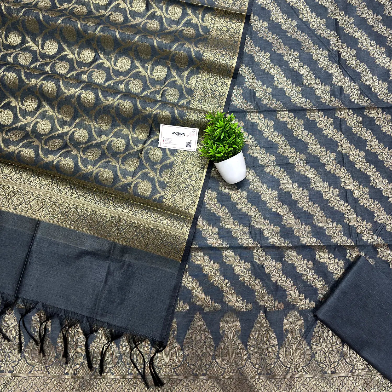 Grey Golden Zari Banarasi Silk Suit