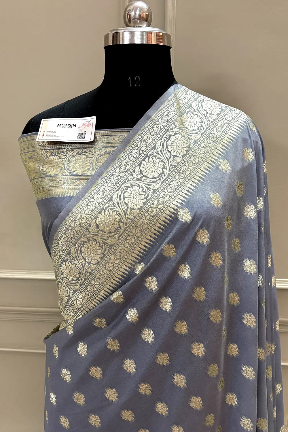 Grey Golden Zari Crepe Silk Banarasi Saree