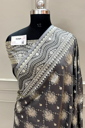 Grey Spider Jaal Katan Silk Banarasi Saree