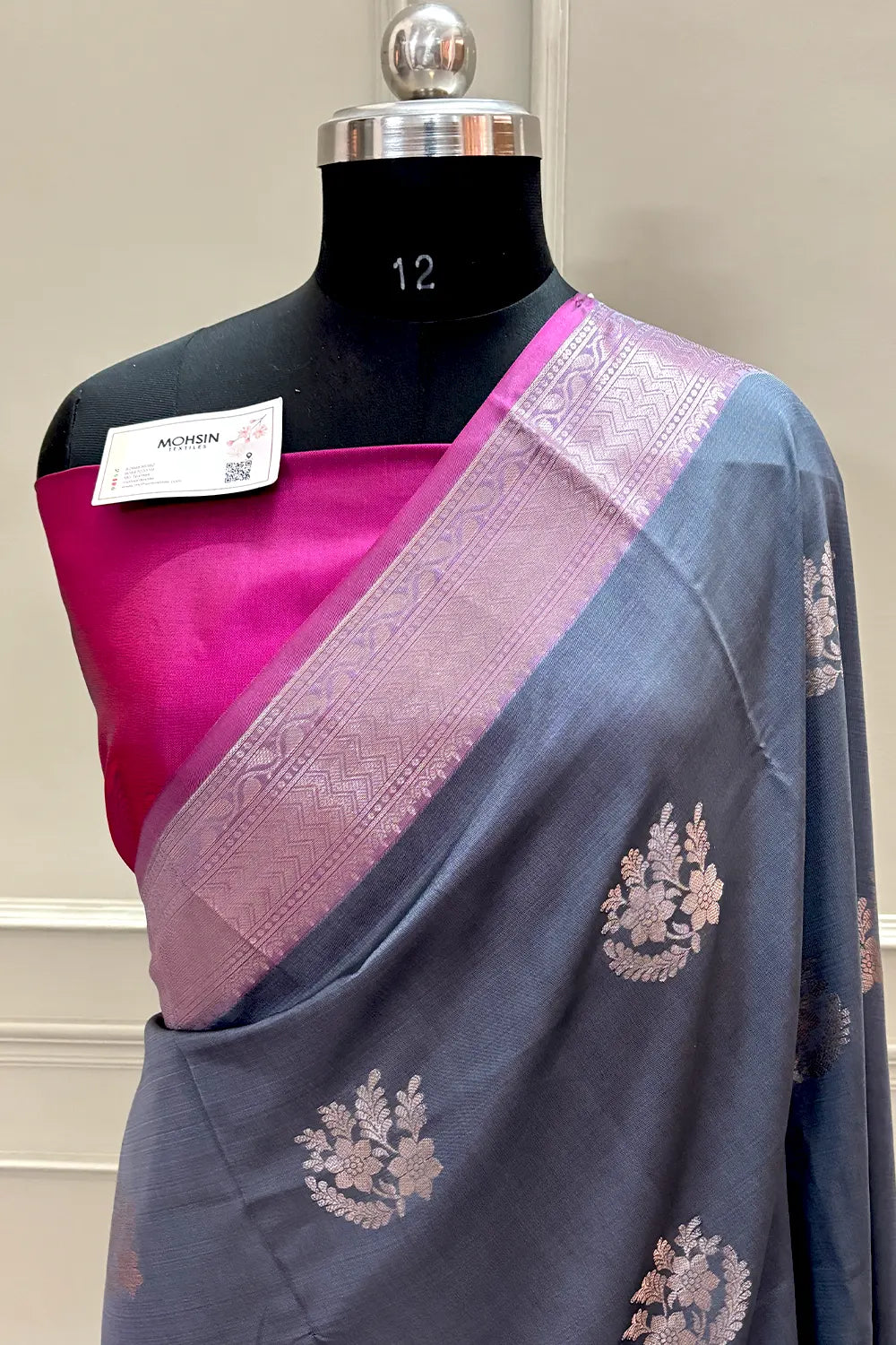 Grey and Pink Golden Zari Banarasi Silk Saree