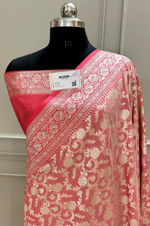 Light Peach and Peach Gulabi Jaal Katan Silk Banarasi Saree