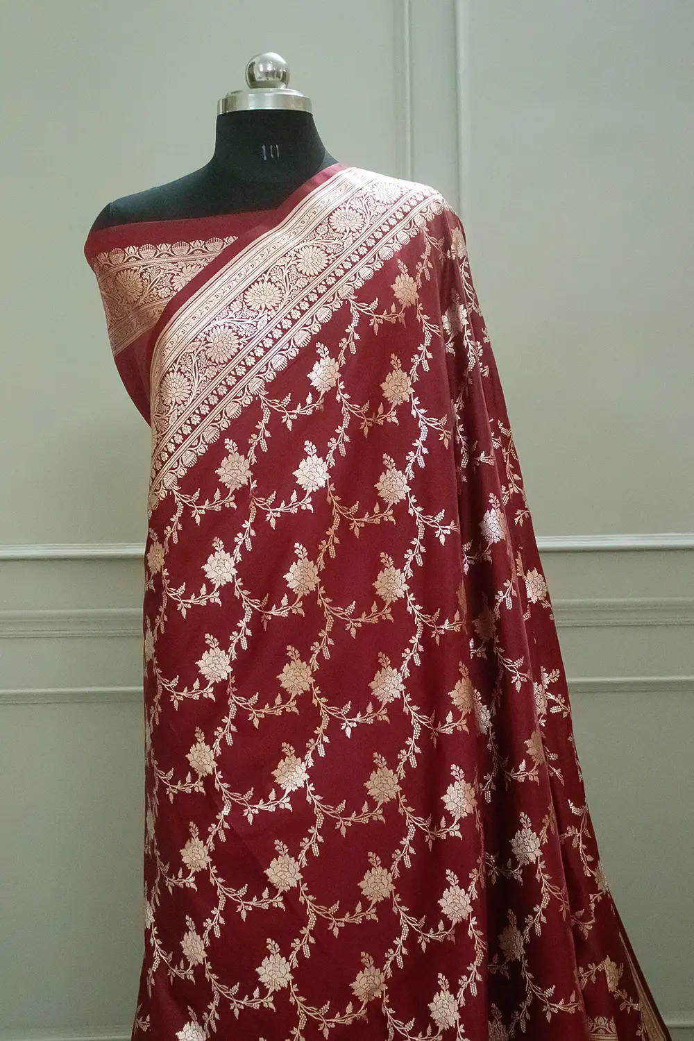 Maroon Akbari Jaal Katan Silk Banarasi Saree