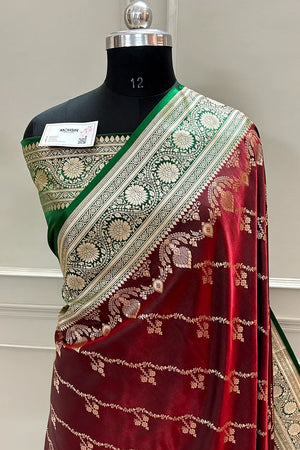Maroon and Green Golden Zari Katan Silk Banarasi Saree
