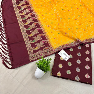 Maroon and Yellow Golden Zari Katan Silk Banarasi Suit