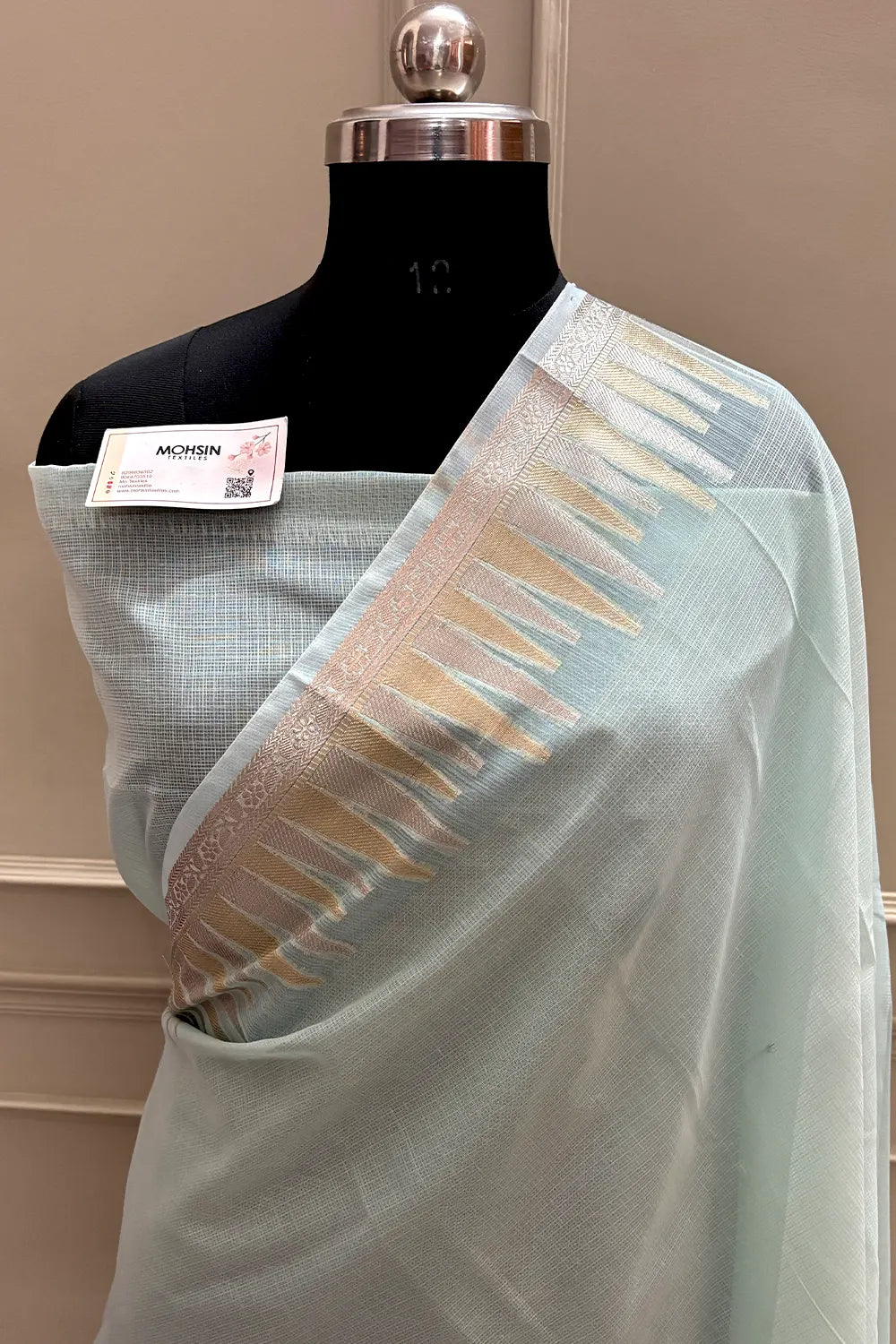 Mint Green Plain Moonga Check Silk Saree