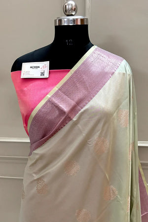 Mint and Pink Golden Zari Banarasi Silk Saree