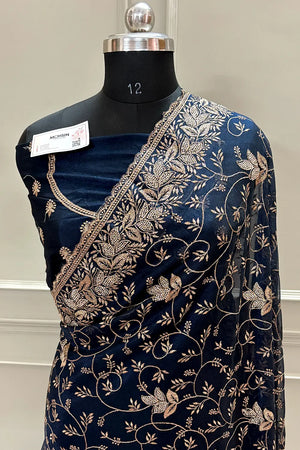 Navy Blue Embordiery Siroski Work Silk Saree