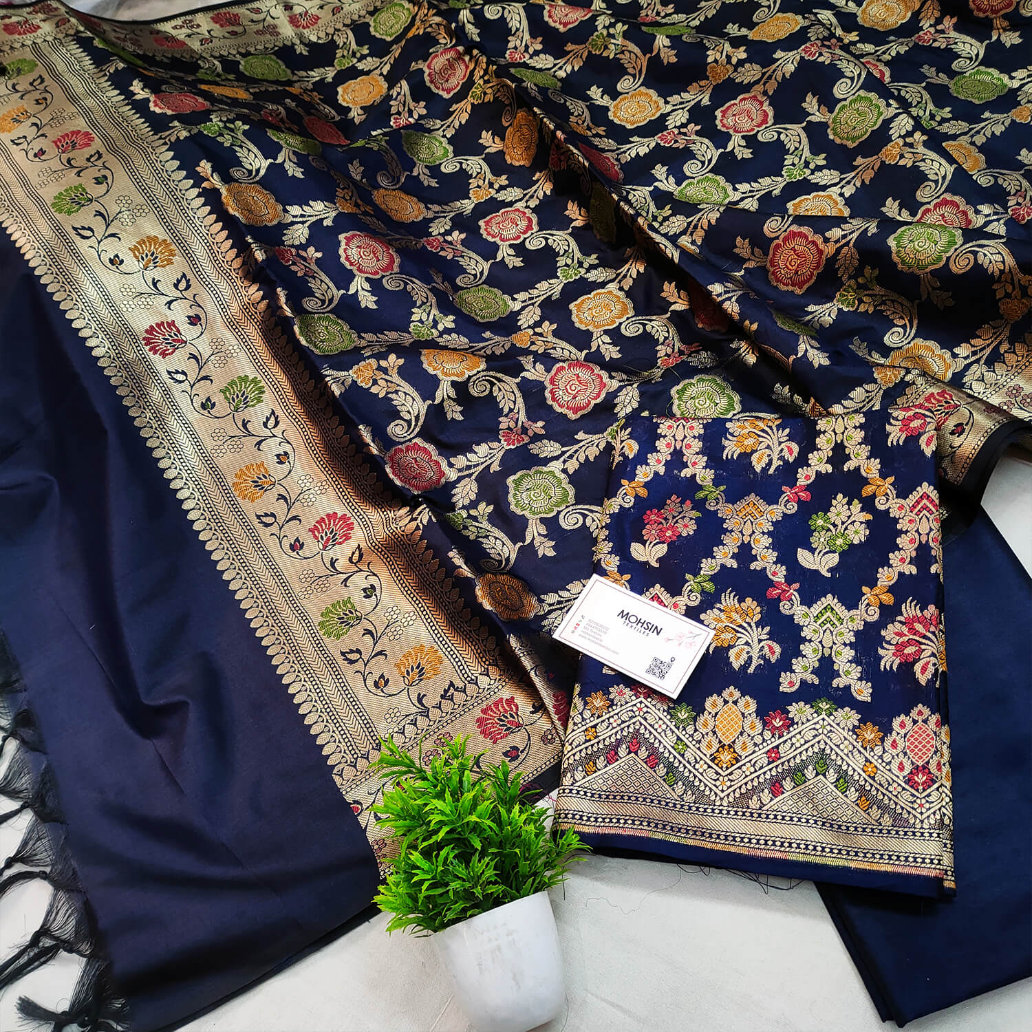 Navy Blue Meenakari Katan Silk Banarasi Suit