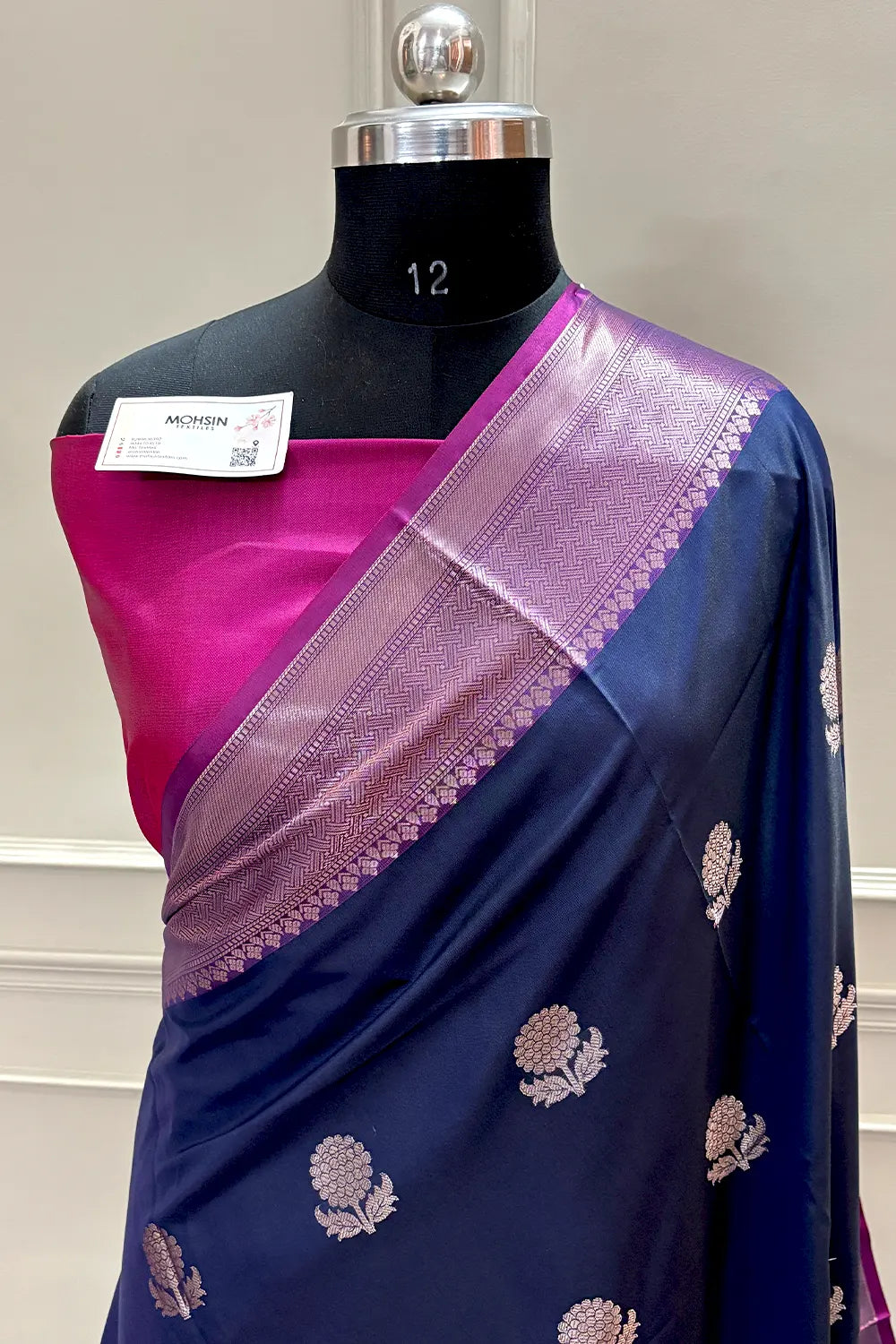 Navy Blue and Pink Golden Zari Banarasi Silk Saree