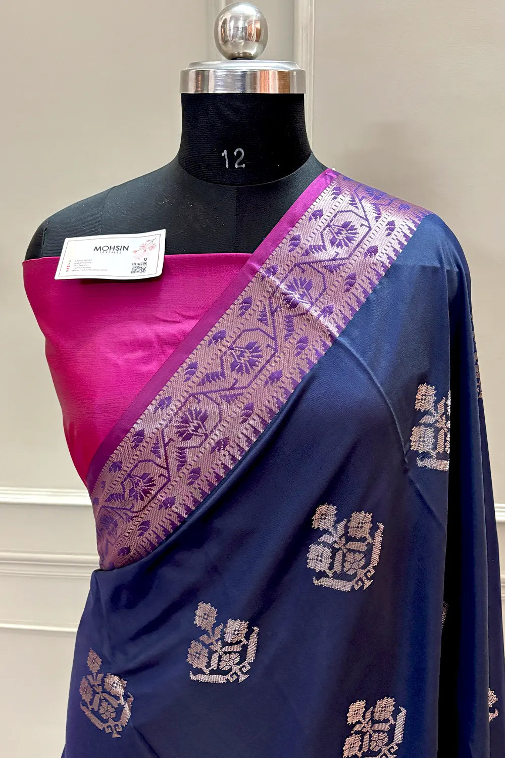 Navy Blue and Pink Golden Zari Banarasi Silk Saree