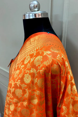 Orange Golden Zari Katan Silk Banarasi Dupatta
