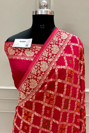 Peach Golden Zari Georgette Silk Banarasi Saree