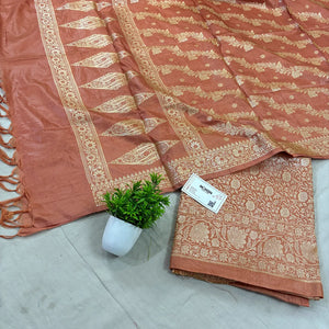 Peach Golden Zari Katan Silk Banarasi Suit