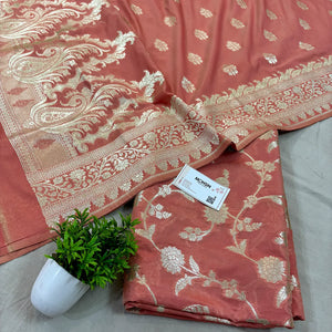 Peach Golden Zari Katan Silk Banarasi Suit