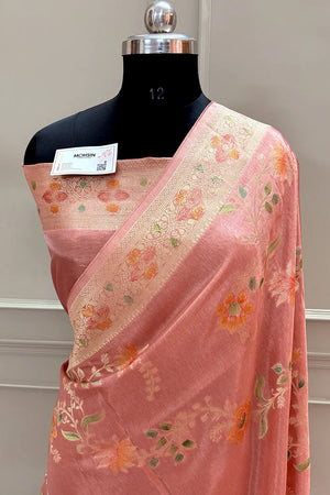 Peach Shakahari Jaal Georgette Silk Banarasi Saree