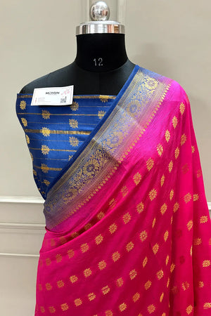 Pink and Navy Blue Golden Zari Silky Banarasi Saree