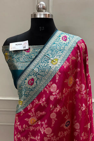 Pink and Teal Golden Zari Silky Banarasi Saree