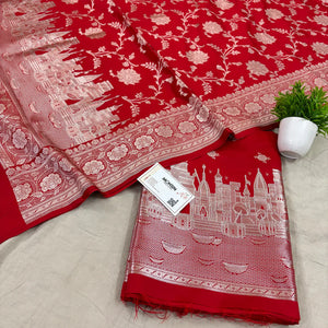 Red Ganga Ghat Katan Silk Banarasi Suit