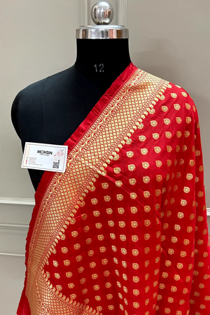 Red Golden Zari Katan Silk Banarasi Dupatta