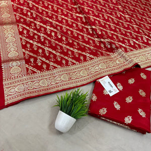 Red Madiyan Buti Satin Silk Banarasi Suit