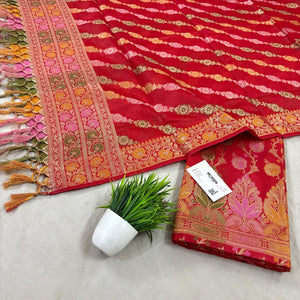 Red Sindhuri Phool Resham Silk Banarasi Suit