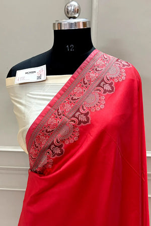 Red and Beige Plain Resham Silk Banarasi Saree