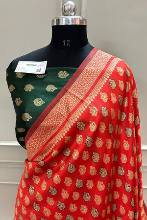 Red and Green Resham Zari Silky Banarasi Saree
