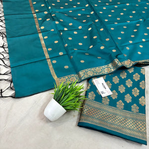 Teal Tri Phool Satin Silk Banarasi Suit