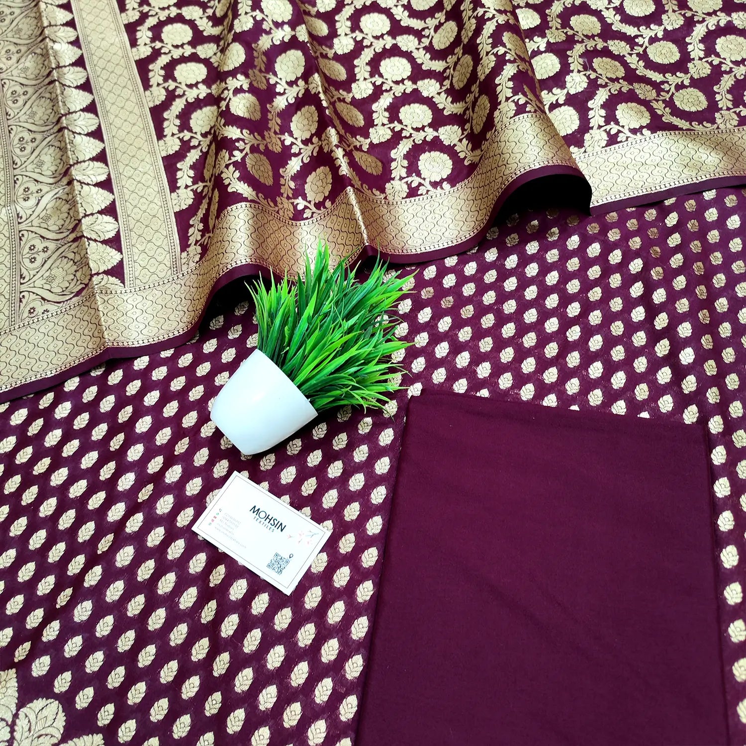 Wine Kalli Buti Katan Silk Banarasi Suit