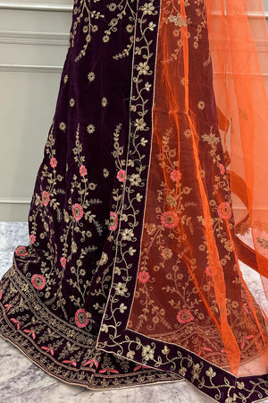 Wine and Orange Zariwork Semi Stitched Velvet Lahenga