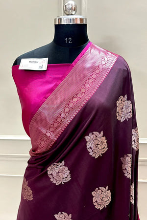 Wine and Pink Golden Zari Banarasi Silk Saree