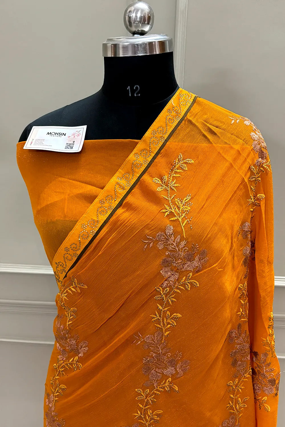 Yellow Embordiery Siroski Work Georgette Silk Saree