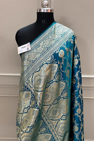 Teal Shahanshahi Jaal Katan Silk Banarasi Saree