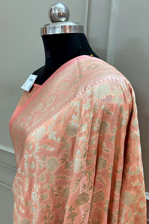 Peach Gulabi Jaal Katan Silk Banarasi Saree