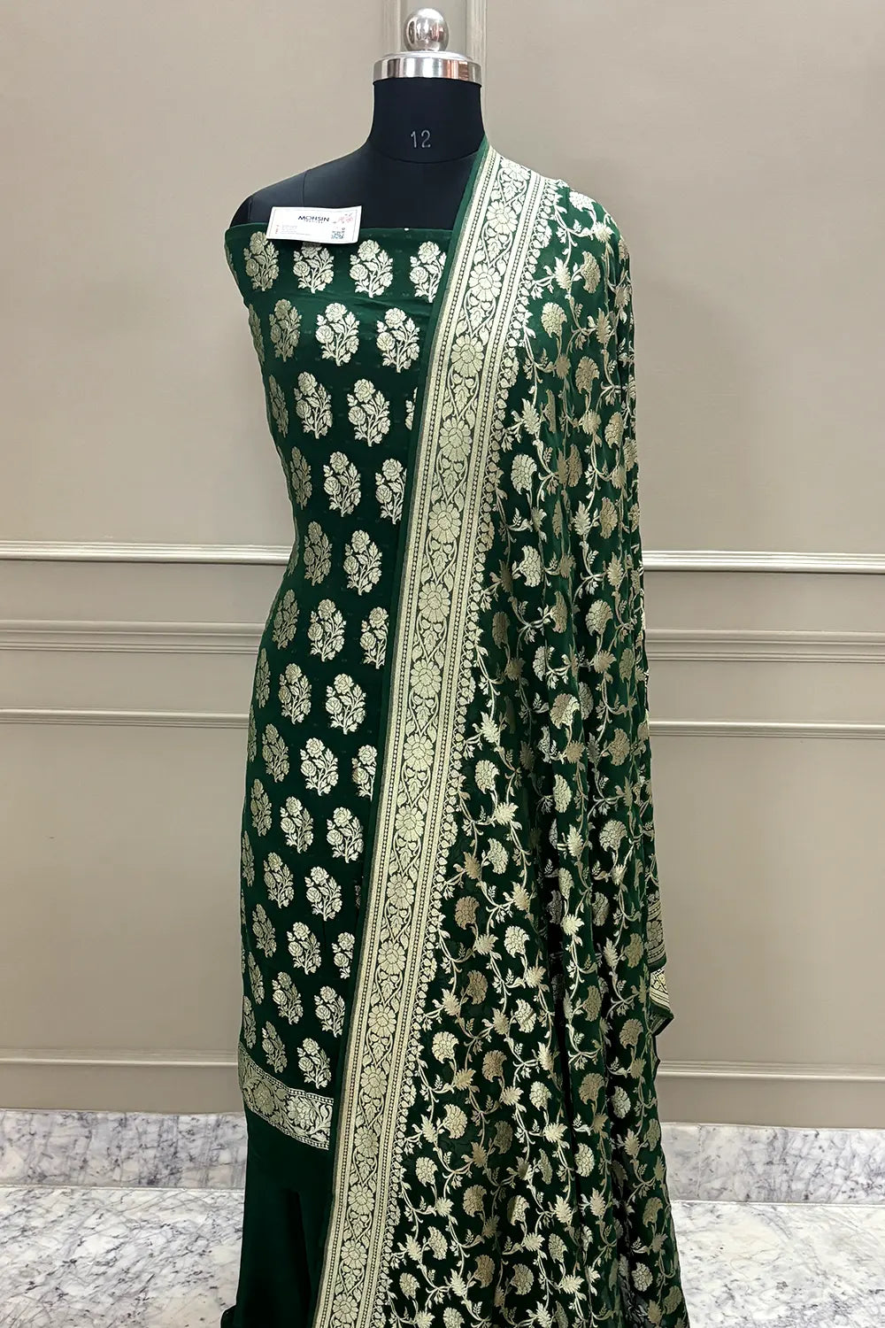 Bottle Green Guldasta Pure Georgette Silk Banarasi Suit