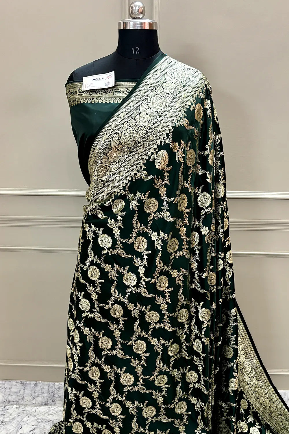 Bottle Green Shahanshahi Jaal Katan Silk Banarasi Saree