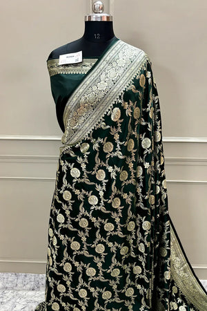 Bottle Green Shahanshahi Jaal Katan Silk Banarasi Saree