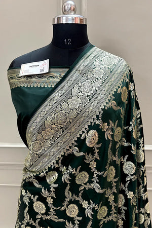 Bottle Green Shahanshahi Jaal Katan Silk Banarasi Saree