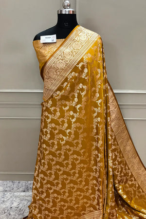 Mustard Moglai Jaal Katan Silk Banarasi Saree