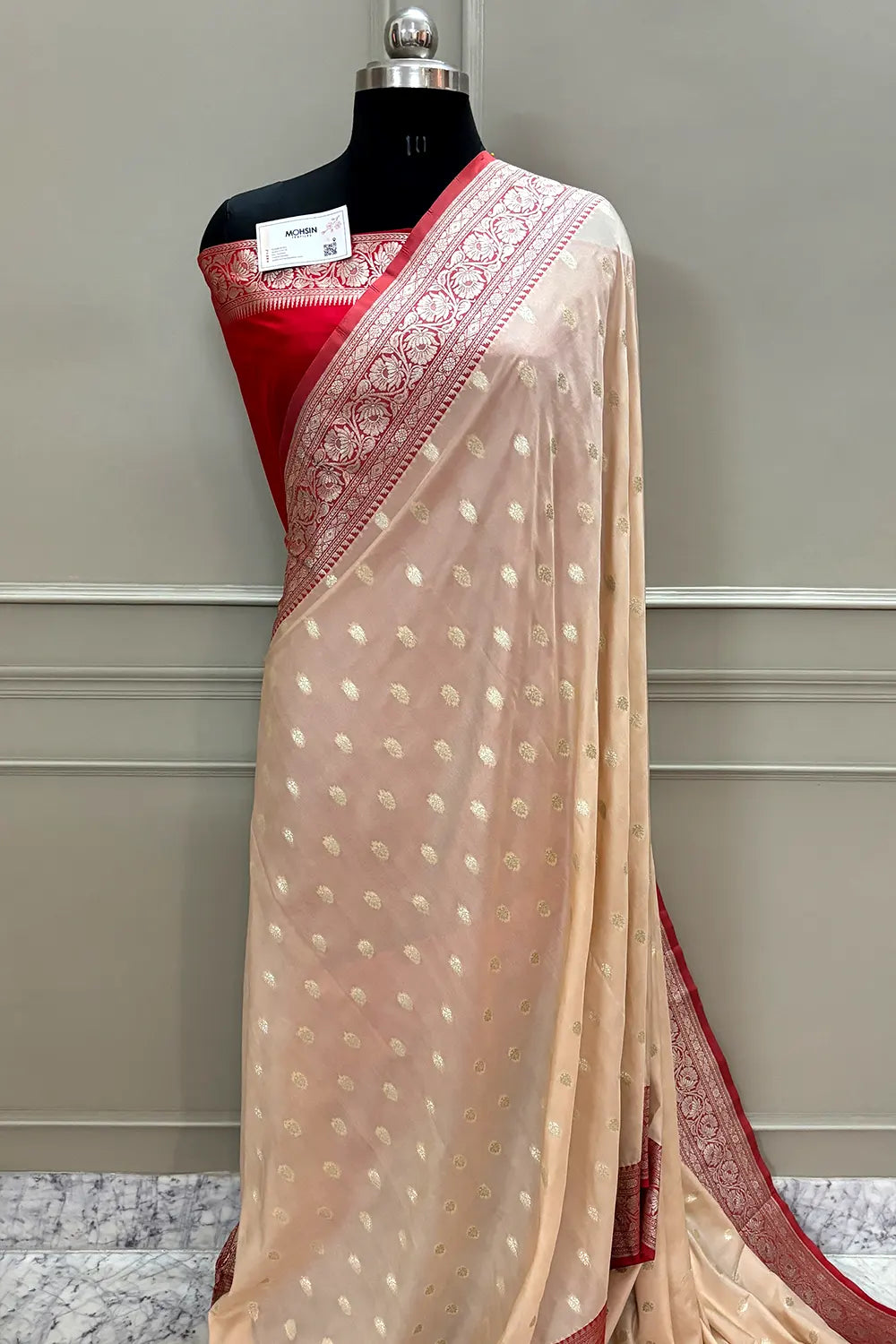 Beige and Red Rudraksha Buti Katan Silk Banarasi Saree