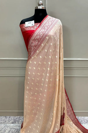 Beige and Red Rudraksha Buti Katan Silk Banarasi Saree