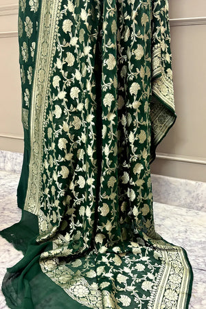 Bottle Green Guldasta Pure Georgette Silk Banarasi Suit