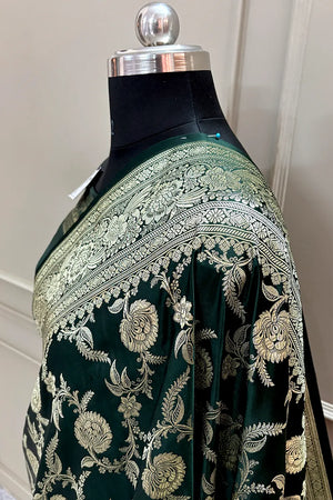 Bottle Green Shahanshahi Jaal Katan Silk Banarasi Saree
