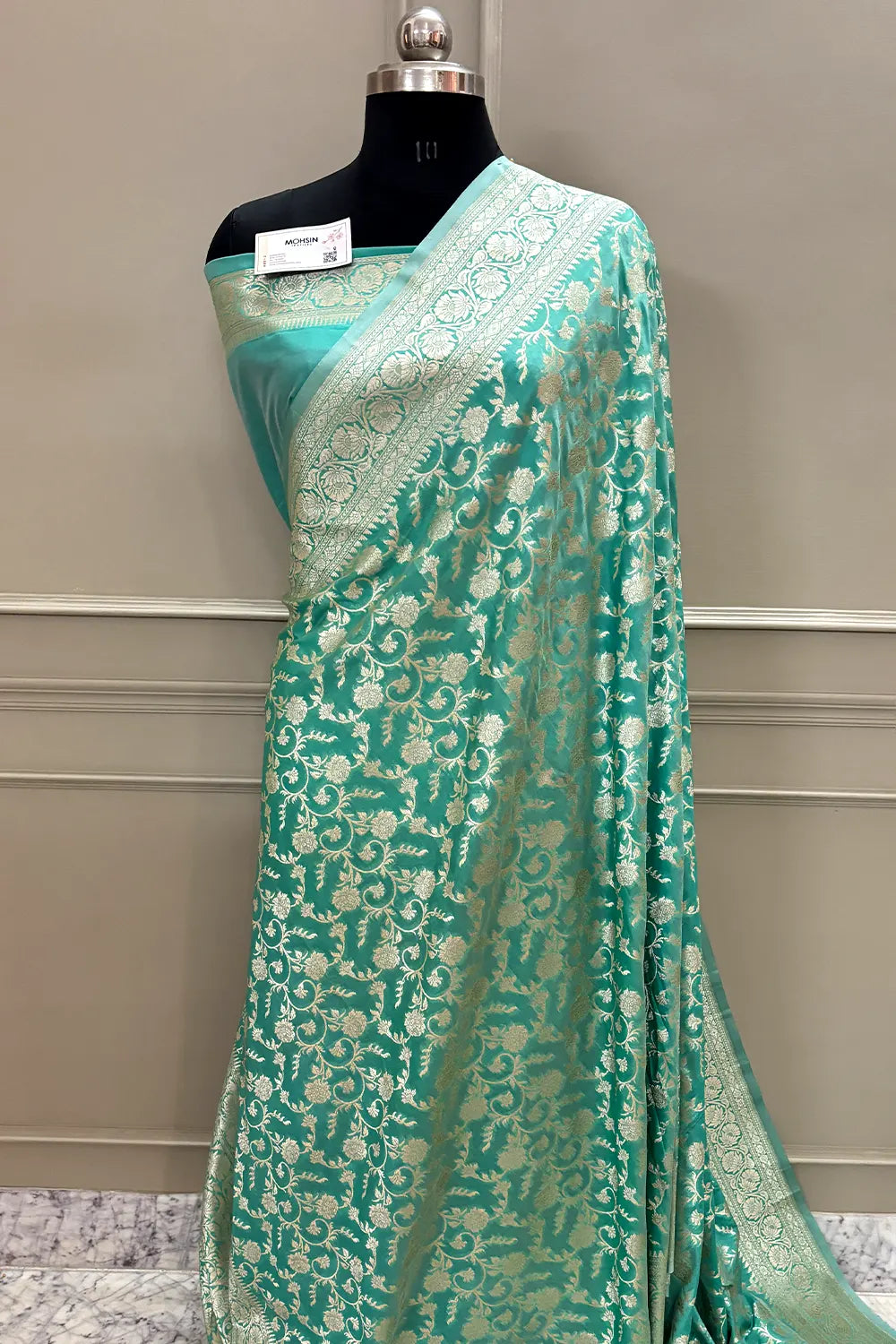 Mint Green Gulabi Jaal Katan Silk Banarasi Saree