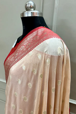 Beige and Red Rudraksha Buti Katan Silk Banarasi Saree