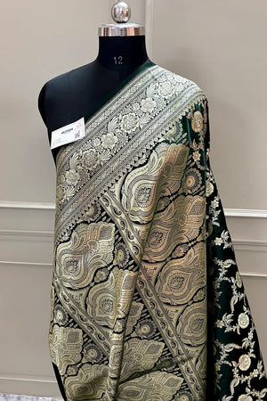 Bottle Green Shahanshahi Jaal Katan Silk Banarasi Saree