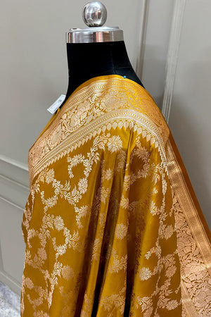 Mustard Moglai Jaal Katan Silk Banarasi Saree