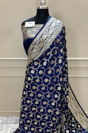 Navy Blue Murmuri Jaal Katan Silk Banarasi Saree