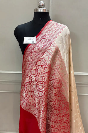 Beige and Red Rudraksha Buti Katan Silk Banarasi Saree